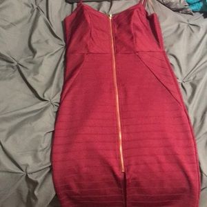 Burgundy body con dress with gold zipper